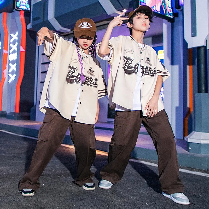 Kids Kpop Outfits Casual Street Jazz Dance Costume Hip Hop Baseball  Cardigan Shirt Cargo Pants for Boy Girl Children's Wear