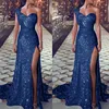 Abito da ballo blu con paillettes monospalla