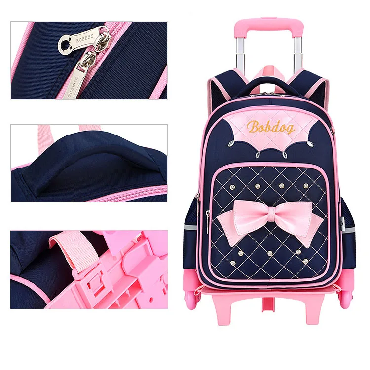 Waterproof Trolley Kids School Bags with Wheels Chinese Factory Custom Logo 6-12 Years Old Diamond Girls Primary School 20-35L