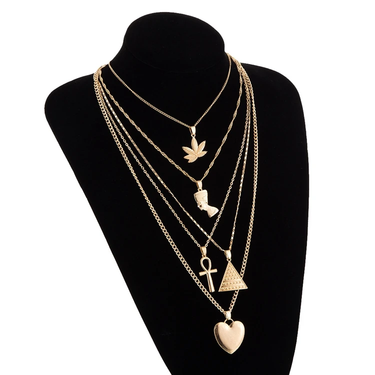 YG-139 Neck Jewelry for Women Metal Multi 5 Layers Gold Alloy Metallic Pyramid Leaf Pharaoh Heart Pendant Necklace
