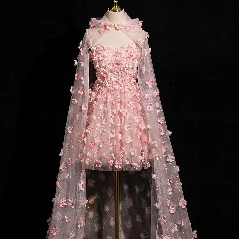 Cute Peach 3D Flowers Made Mini a Line Prom Party Dresses With Long Cape Homecoming Dress