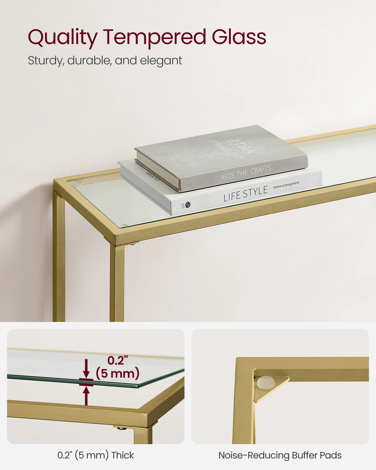 VASAGLE Easy Assembly Modern Entryway Table Gold Tempered Glass Sofa Table Slim Metal Console Table Frame
