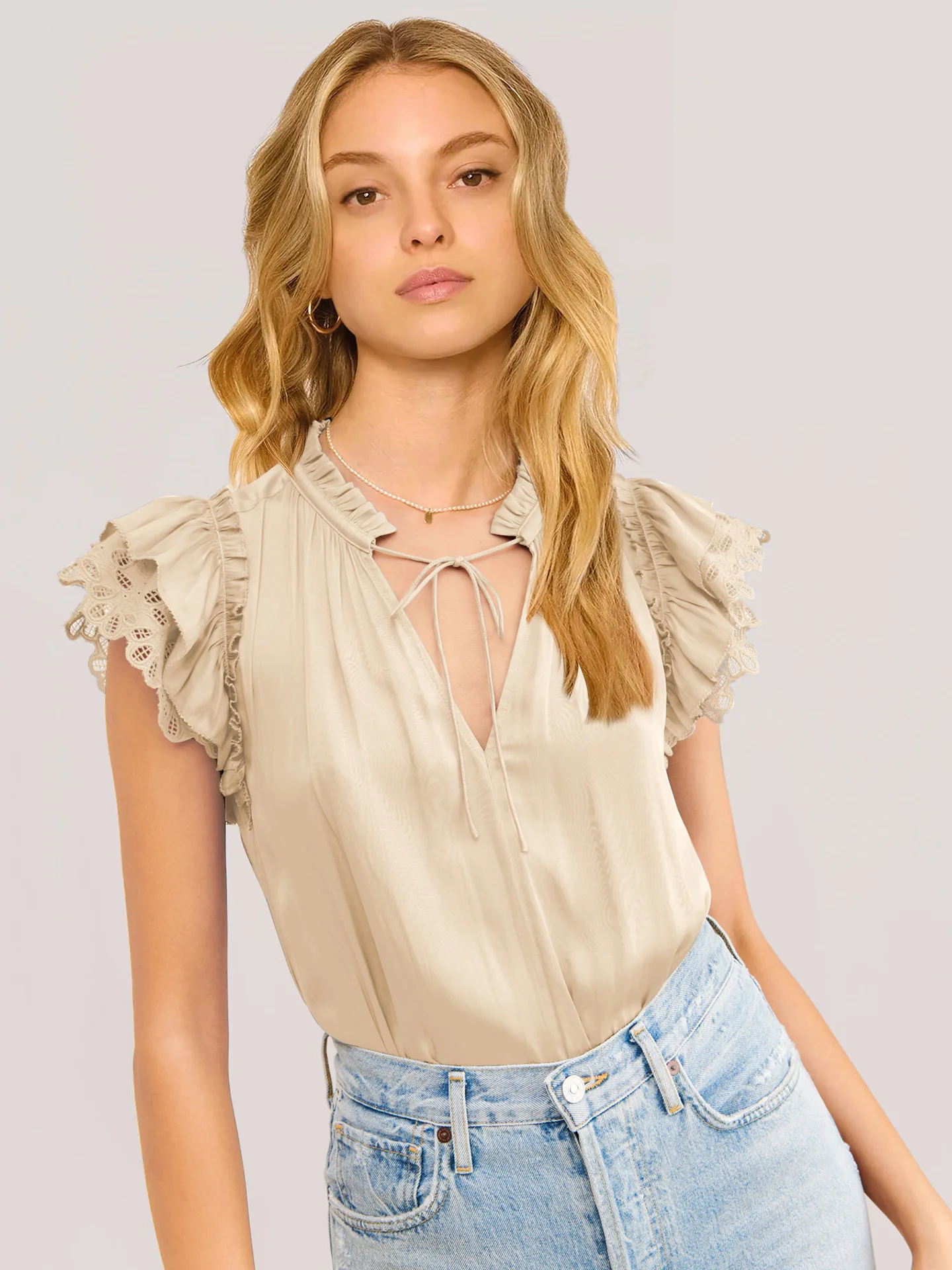 GMD 2023 Summer hot sale New V Collar lace-up flounce sleeve casual fashion women's clothing satin