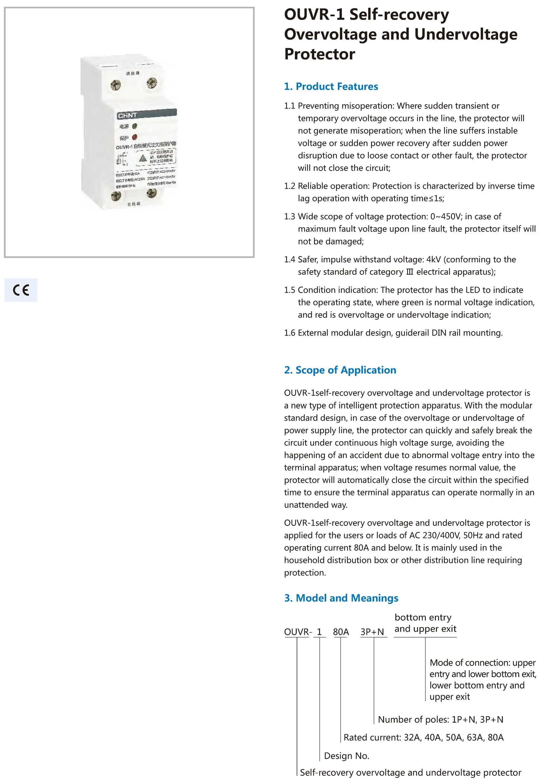 Chint original OUVR-1 230V 400V 1P+N 3P+N 32A 40A 50A 63A 80A Chnt Self recovery over voltage and under voltage protector