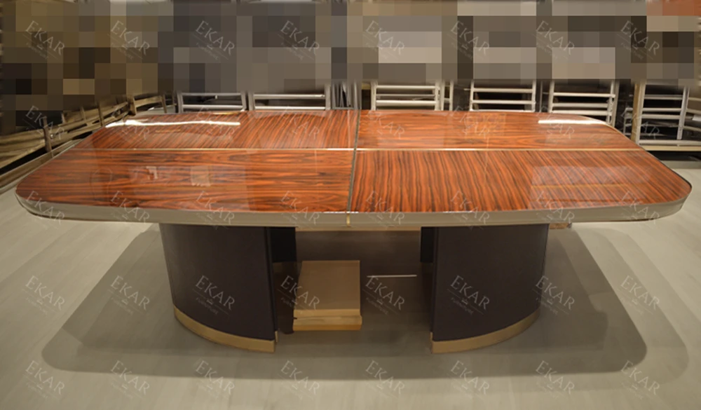 Elegant Veneer Stitched High-Gloss Finish Office Conference Table with Faux Leather Legs and Stainless Steel Accents manufacture