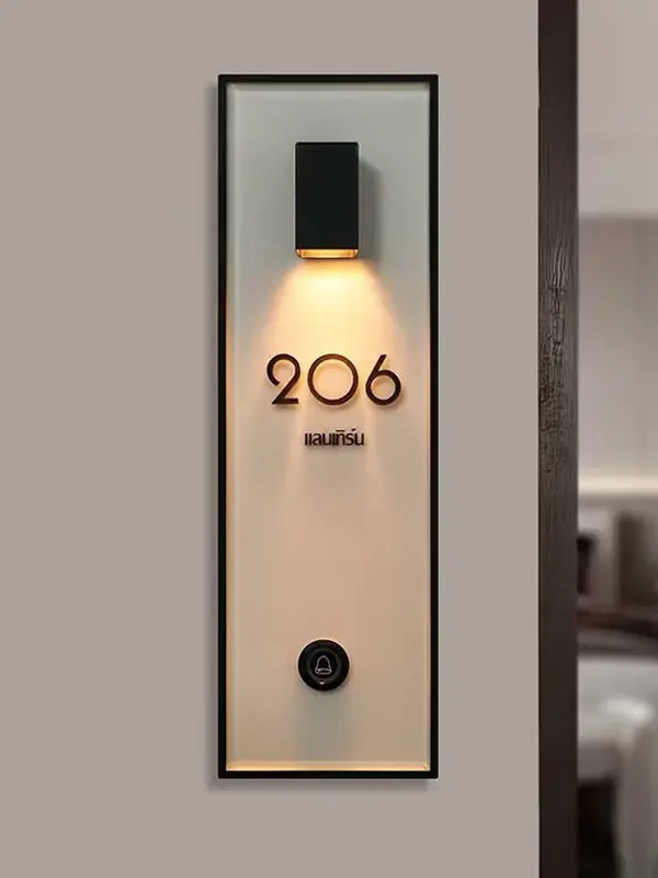 Individuelle High-End-Hotel-Türschilder mit leuchtenden LED-Wandschaltern zur Steuerung, für Flure geeignet – maßgefertigt und kreativ gestaltet