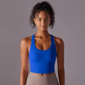 Seamless Cross Back Vest Style Sports Bra with Built-In Cups for Workout and Running