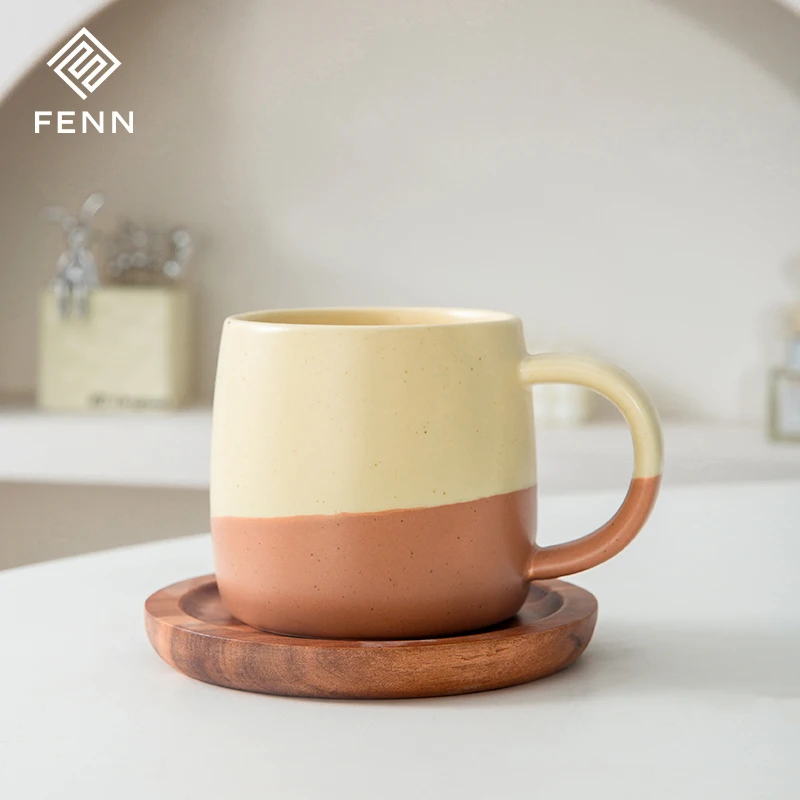 FENN Hot Sale Rustic Stoneware Latte Mug Tea Cup Speckled Glaze Double Brown Color Ceram Cafe Coffee Mugs With Wood Coaster