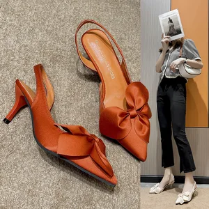 Women's Elegant Temperament New Flower Design Bow Tip Side Solid Color Shoes Breathable and Height Increasing Simplicity
