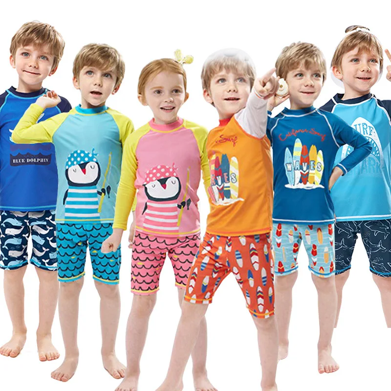 Gogokids Boys Two-Piece Swimsuit Swimswear Toddler Short Sleeves Sunsuits Kids Children Swimming T-Shirt and Shorts 1-6 Years