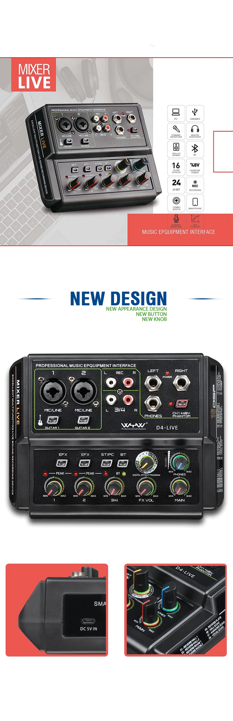 Hot Selling 4 channel Mixer Audio Interface Factory OEM Audio Recording Interface Sound Equipment For Computer Live Studio