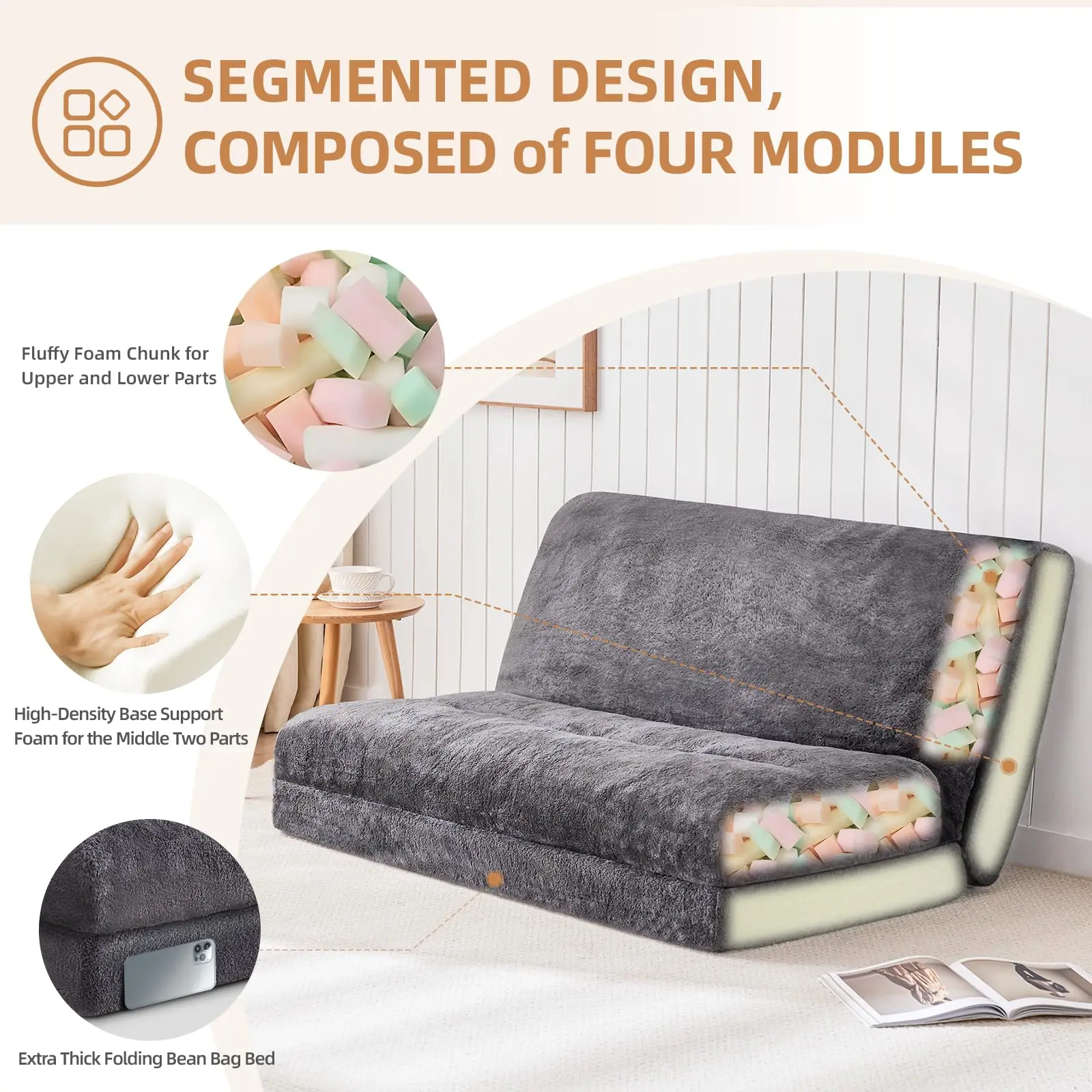 Kasur lipat katun raksasa 90 inci x 47 inci, Ruang Tamu anti-selip, tas  kacang dapat dilipat, alas lantai, matras lipat Tatami