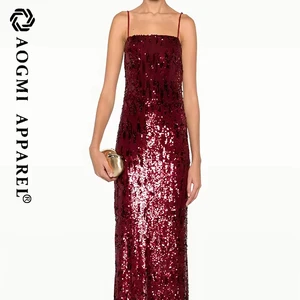 Haute Couture Fashion Ladies Spaghetti Straps Sleeveless Sequined Regular Fit Floor-Length Off-the-Shoulder Chiffon Dress