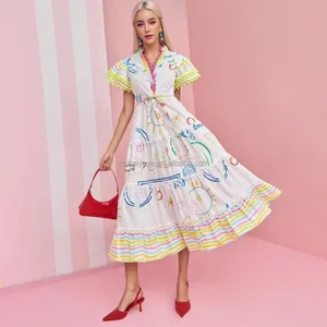 Designer Fashion Summer Dress Women V-Neck Ruffles Cartoon Printed Striped Belt High Street Elegant Midi Party Vacation