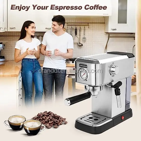 CRANDDI Coffee Machine Espresso With pressure meter Home Business Stainless Steel Machine