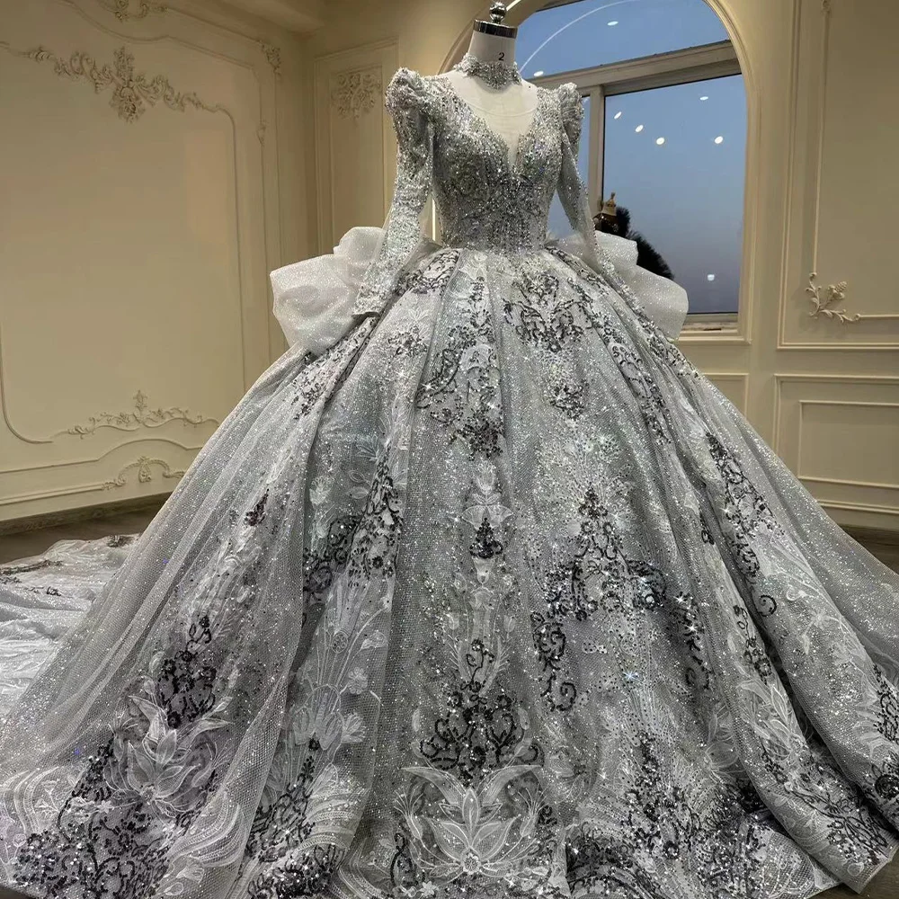 Princess Gray Tulle Lace Off the Shoulder Evening Dress Glitter