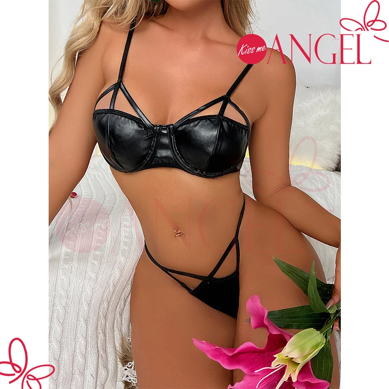 KISS ME ANGEL Custom Private Deep V Neck Black Leather XS S M L Fancy Under Lovely Girl Bra Panty Set Sexy Photos