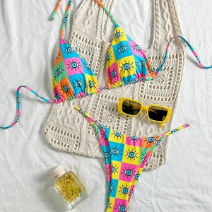 2026 Summer Hot Print Women's Halter Thong Bikini Sexy Spandex/Nylon Two-Piece Swimwear for Beach