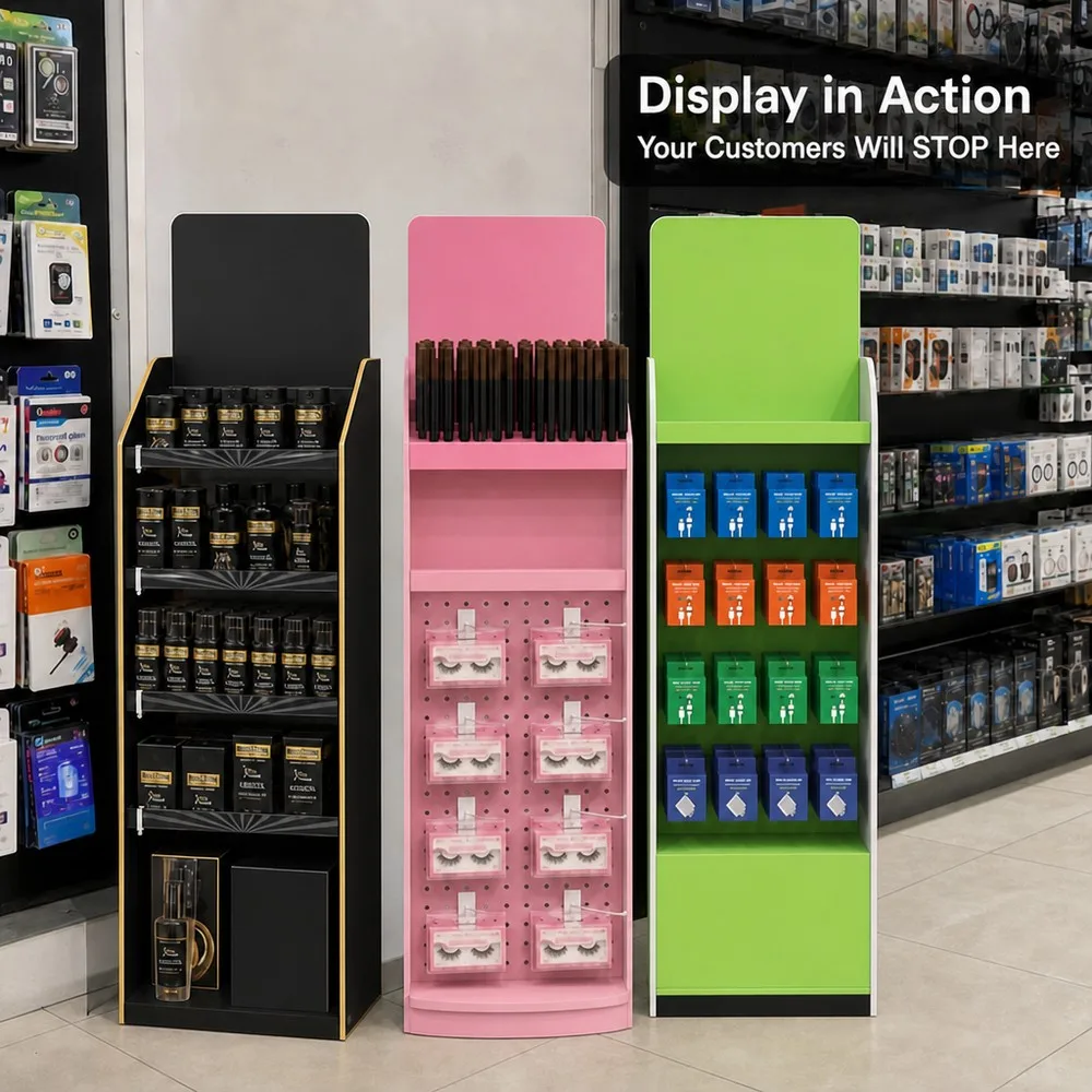 Apache Custom PVC Foam Board Display Stand Forex Floor Display Rack Retail Store POP Shelf Hooks for Cosmetics Phone Accessories