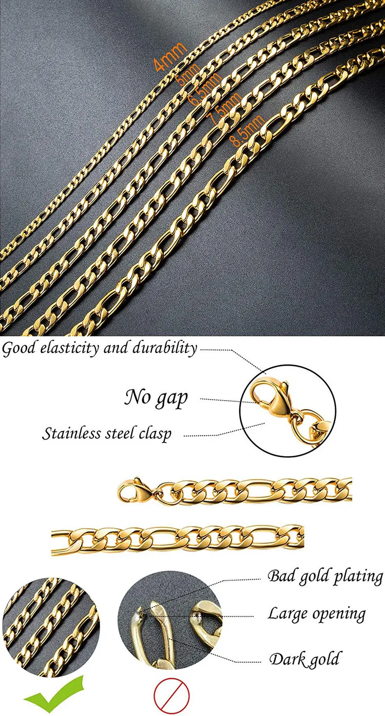 时尚男士女士18英寸链接链珠宝定制18k镀金3毫米不锈钢费加罗链项链