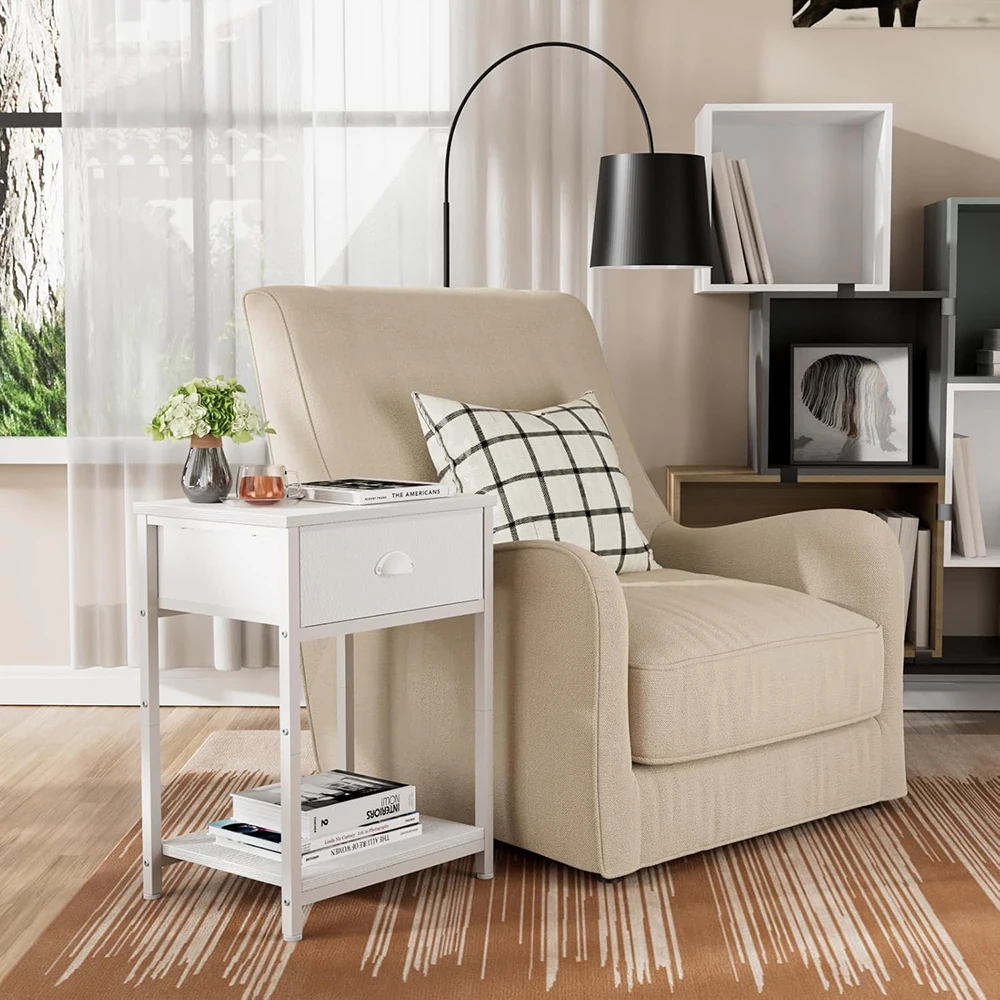 product white modern woodenmetal nightstand with fabric drawer small side table for dorm  home 2 tier storage shelves-3