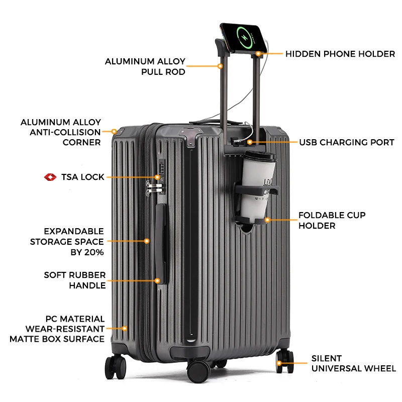 New Multi-function PC Zipper Luggage Suitcase with TSA Password Lock Anti-Theft Durable Expansion Layer USB Interface Cup Holder
