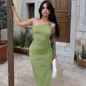 2026 Women's Sexy One Shoulder Bodycon Party Dress New European Style with Waist Cut-Out and Fashionable Slits Evening Dress