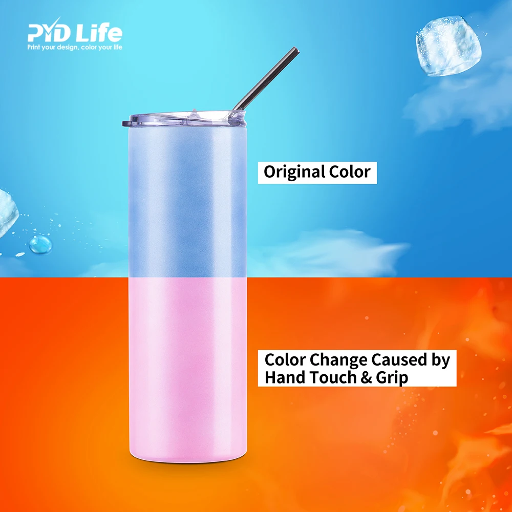 PYDLife Wholesale Heat Sensitive Color Changing 20oz 600ml Skinny Tumbler Sublimation Chameleon Skinny Tumbler with Metal Straw