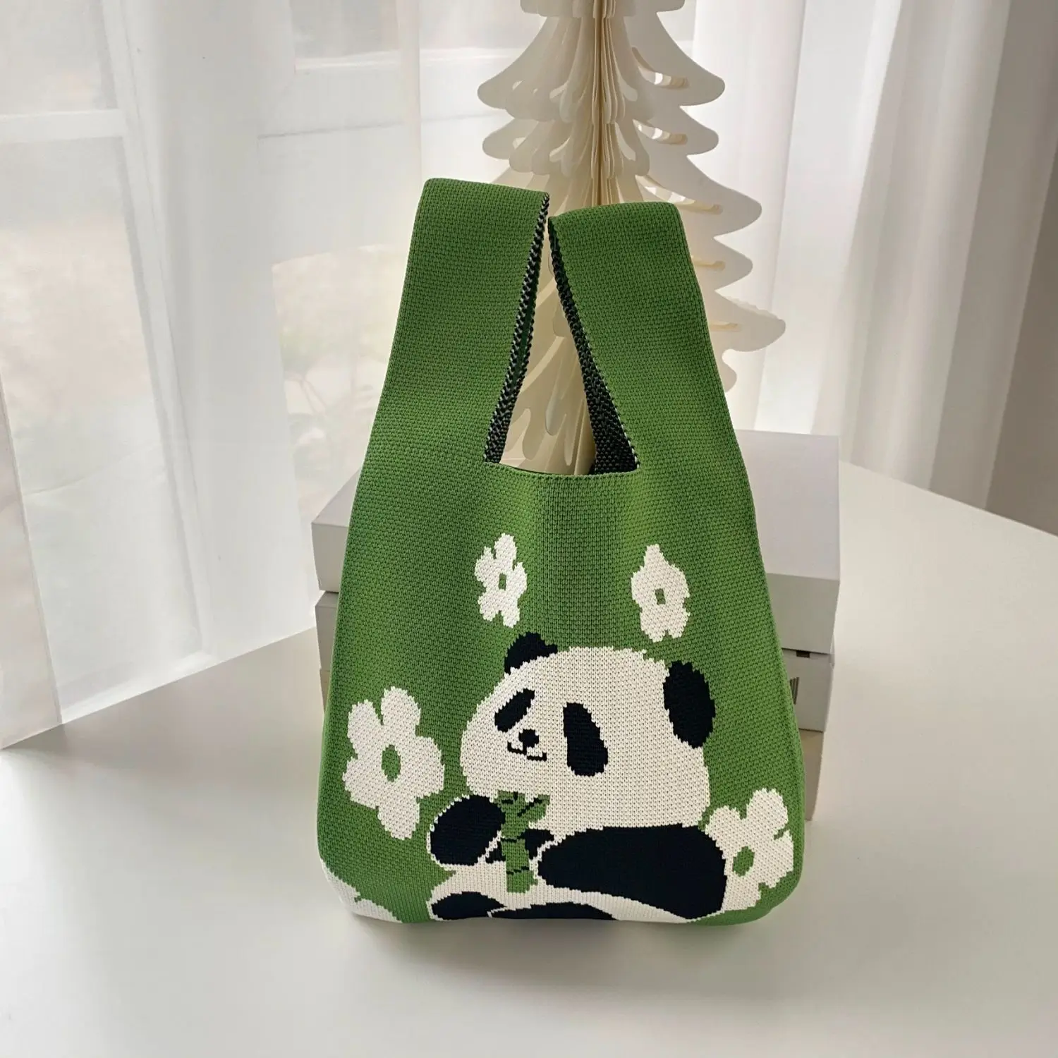 Small Folding Style Multi-Use Shopping Tote Bag Custom Cartoon Patterns Knitted Fabric Bag