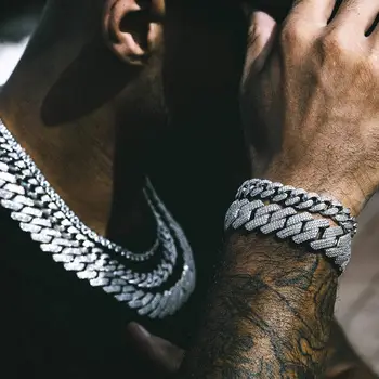 big heavy Miami cuban bracelet necklace set micro pave cubic zirconia cz 19mm diamond cuban chain hip hop men jewelry