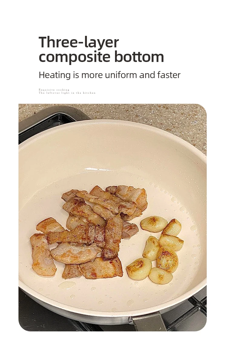 Custom Modern Kitchen Cream Three Layer Bottom Ceramic Glaze Paint Non Stick Stainless Steel 304 Frying Skillet Pan with Lid