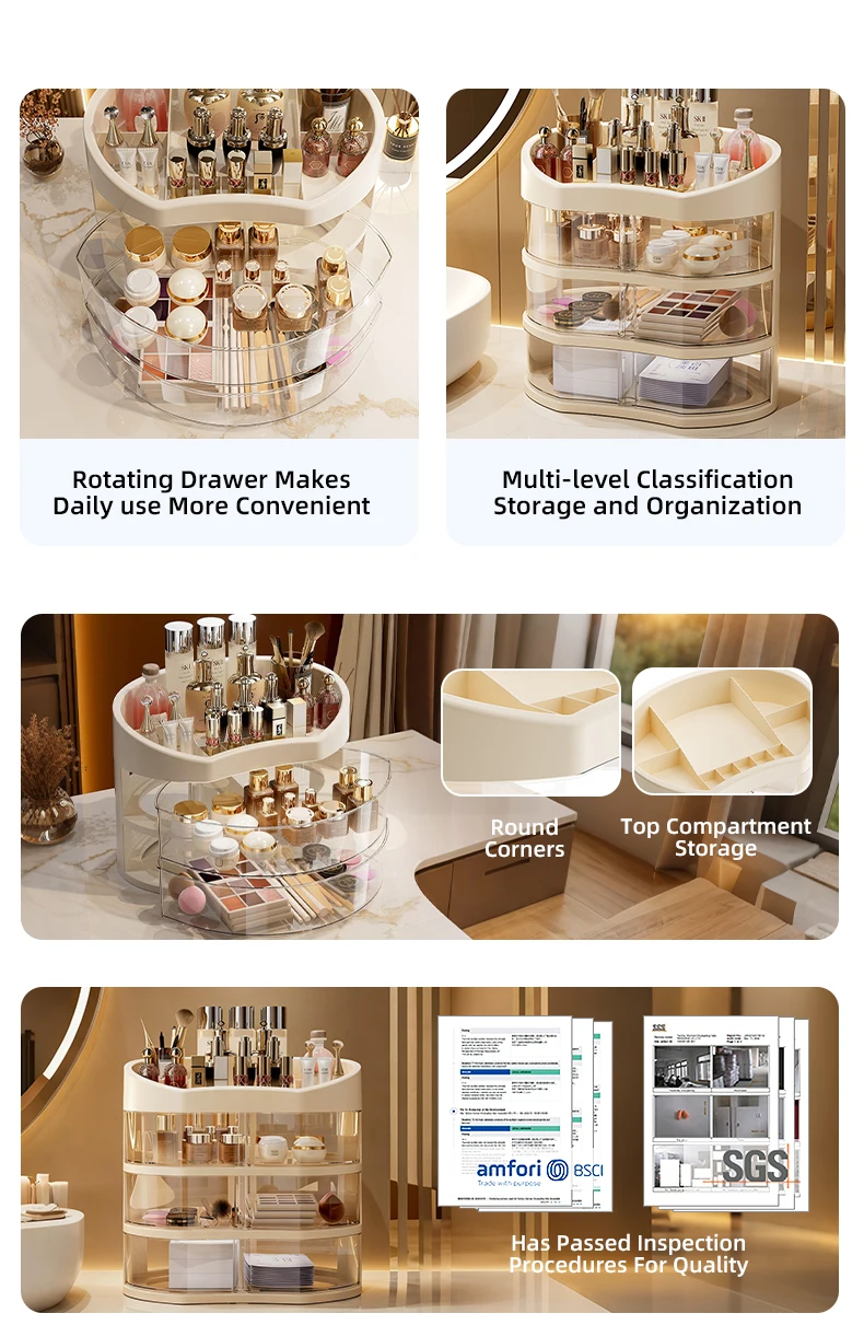 3 tier clear bathroom countertop organizer rotating cosmetic organizer clear plastic makeup organizer with drawers-3