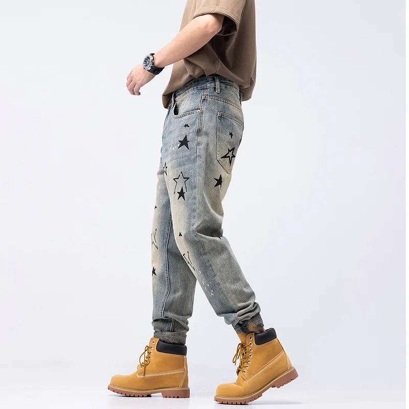 Customize Logo Spring Street Retro Washed Men Denim Jeans Star Print Distressed Straight Leg Jeans