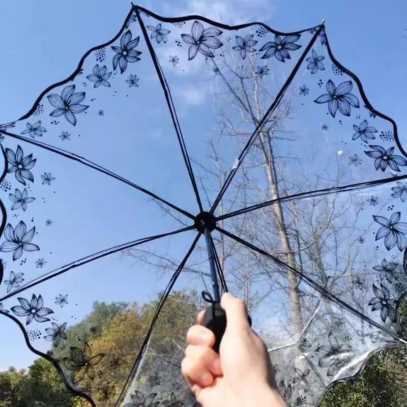 Modern Manual Cherry Blossm Printed 3-Folding Ruffled Edge POE Plastic Transparent Umbrella for Travel Girls Students