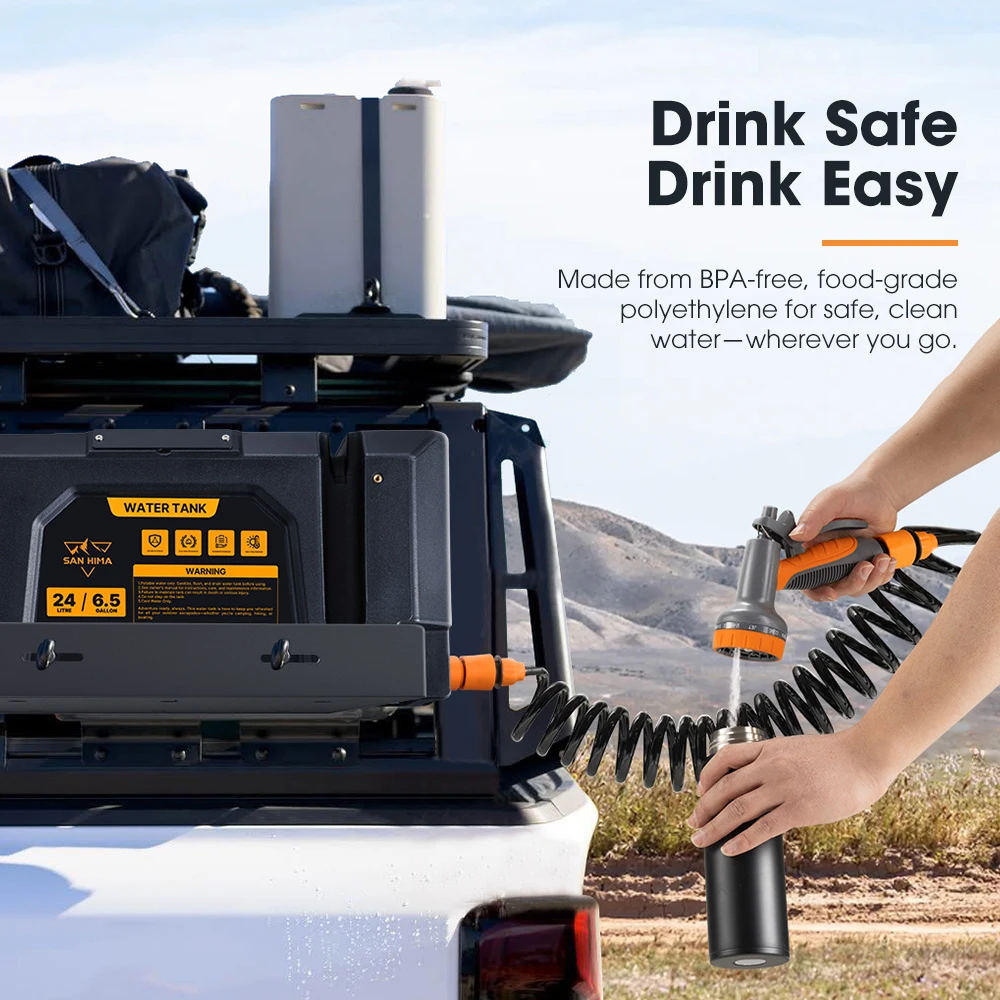 SAN HIMA Quick Charge Pressurized Portable Water Tank 24L Battery Powered Outdoor Shower Kit for Camping Hiking 4X4 Offroad