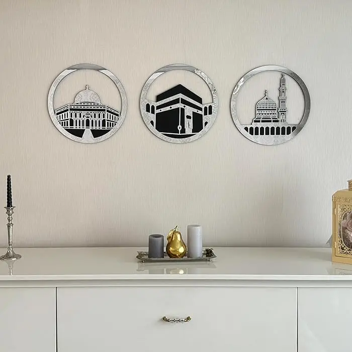 Circular Design Al Aqsa Mosque Islamic Wall Art Kaaba and Masjid An-Nabawi Set Muslim Home Decor Eid Mubarak Gift