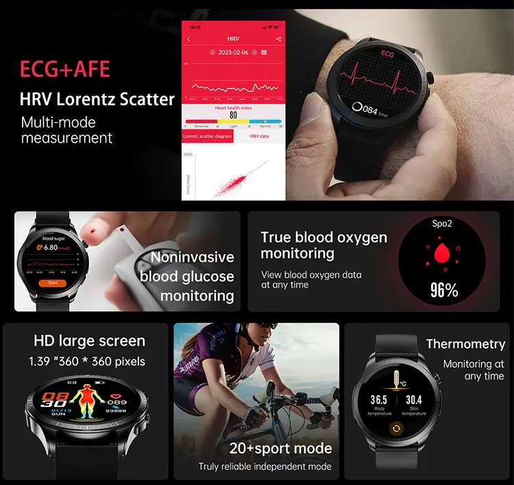 Smart watch diabetic non -invasive blood pressure glucose test ECG meter monitor measuring smart watches diabetes