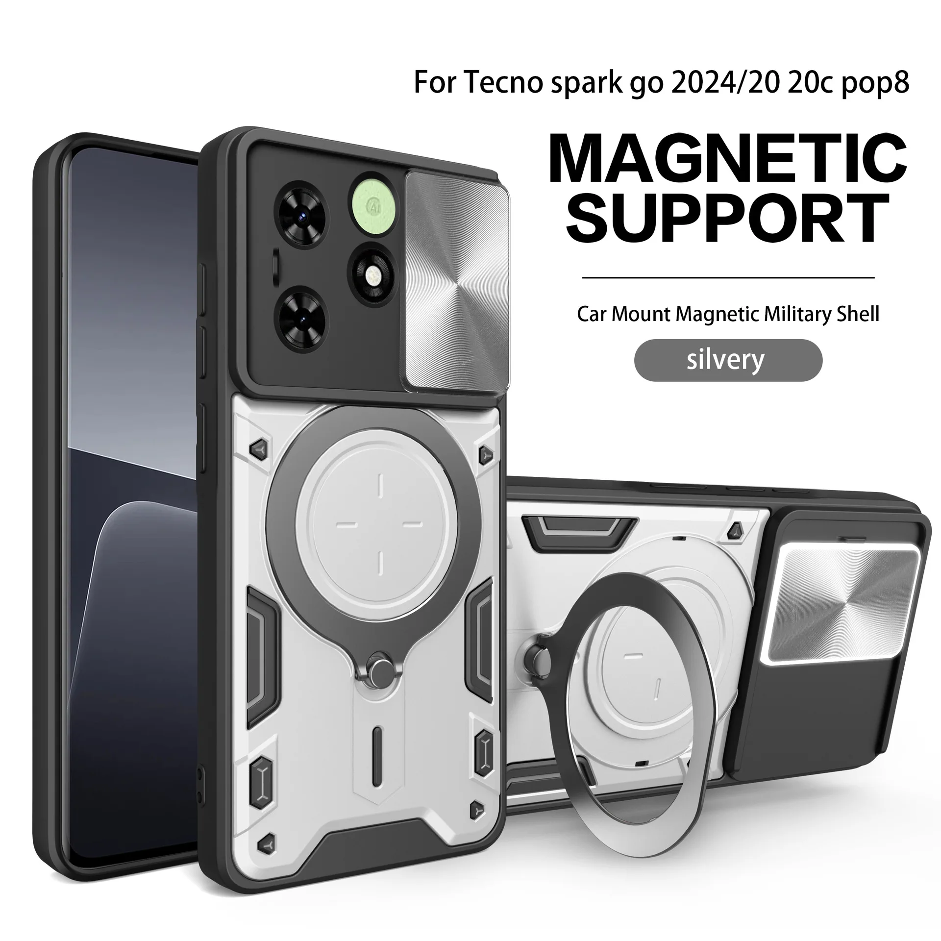 Dual Layer Defend Case for Tecno Spark Go 2024/ Spark 20C/ Pop 8 Protective Case with Kickstand and Slide Camera Cover