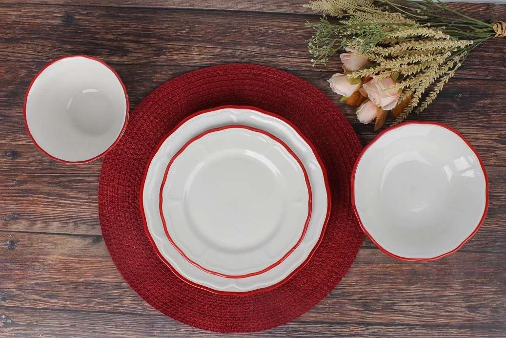 Ceramic Embossed Dinner Ware with Red Rim Royal Plates