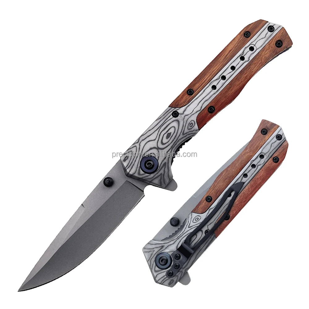 Custom Outdoor Messer Titanium Coating Blade Laser Pattern Tactical Knife Folding Wooden Handle Pocket Knife with Clip