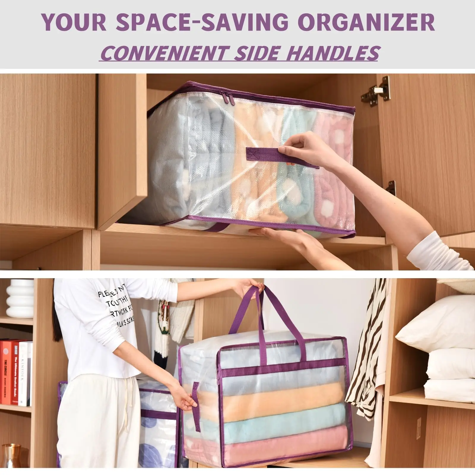 Large Clear Blanket Storage Bags with Zipper Handles Comforter Storage Bag Portable Plastic Bedding Storage for Clothes