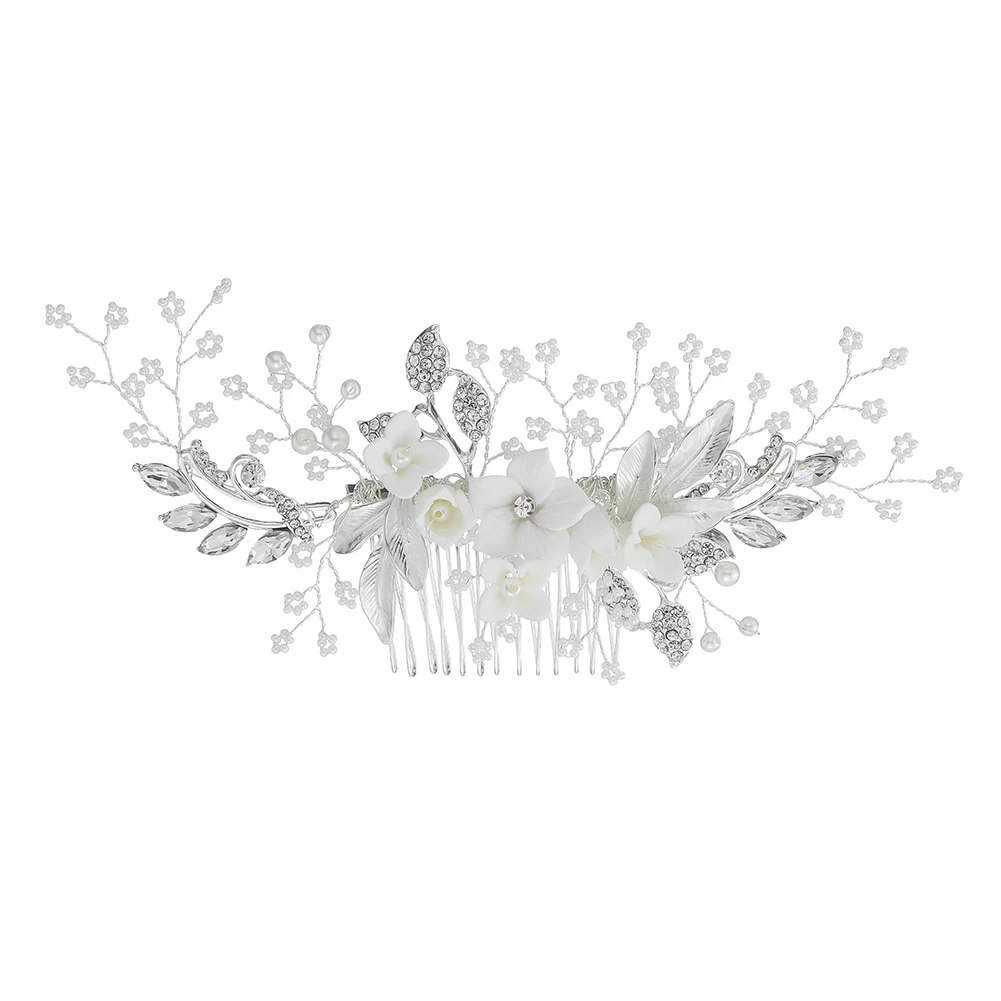 Handmade silver crystal rhinestone flower pearl wedding hair comb bridal headdress hair accessories ladies jewelry Hair accessor