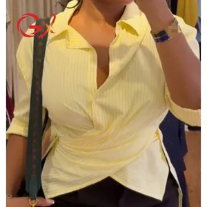 GX5103 Fashion Spring Turn Down Tops Stripped Printed Street Wear Long Sleeve Unique Cross Blouse Women Casual Unique Shirt