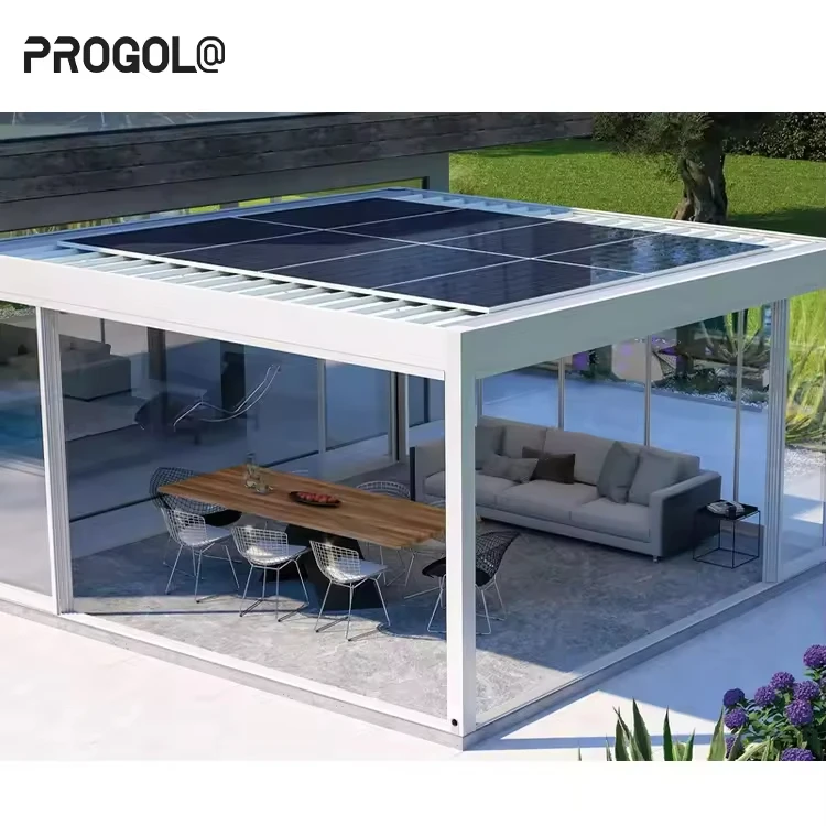 Solar Panel Pergola with Louvered Roof Aluminum Garden Gazebo Wooden Frame Outdoor Arch for Outdoor Living