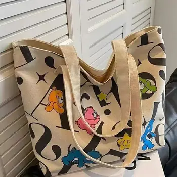 Guangzhou Auyan Student Canvas Bag Women's Large Capacity 2024 New Printed  Hand Bill Shoulder Tote Bag