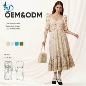 Bohemian Floral Long Dress with Bubble Sleeves and Natural Waistline, Floral Print Dress, Suitable for Summer Wear