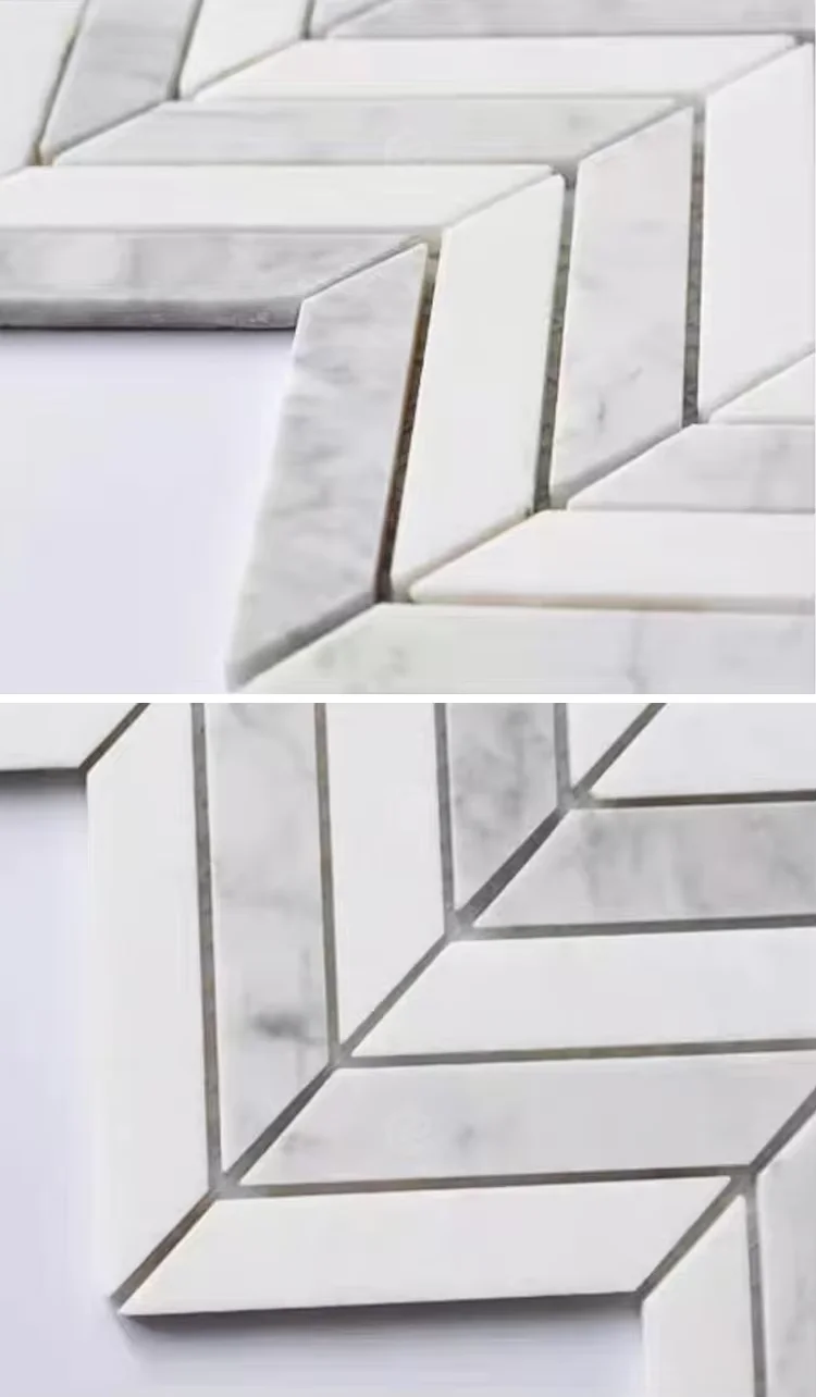 Mini Bianco Carrara White Color Herringbone Shape Marble Stone Mosaic Tile