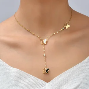 Hot Selling Irregular Hollow Butterfly Necklace Black and White Shellfish Set Zircon All Match Stainless Steel Clavicle Chain