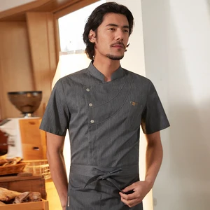 CHUYIBANG Men's High-End Short-Sleeved Culinary Kitchen Clothes Twill Summer Western Restaurant Bar Hotel Uniforms Black