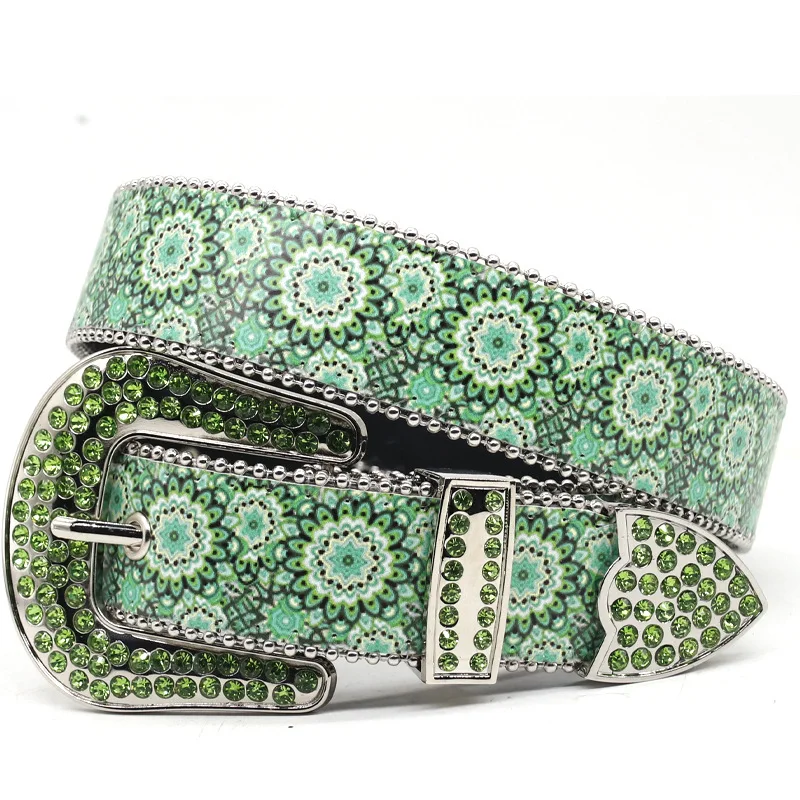 Green Flowers Printing Pu Leather Belt With Studded Rhinestone Buckle Design Leather Diamond Belt for Jeans